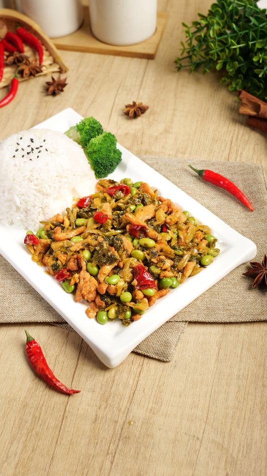 Shredded Pork with Pickled mustard greens and edamame